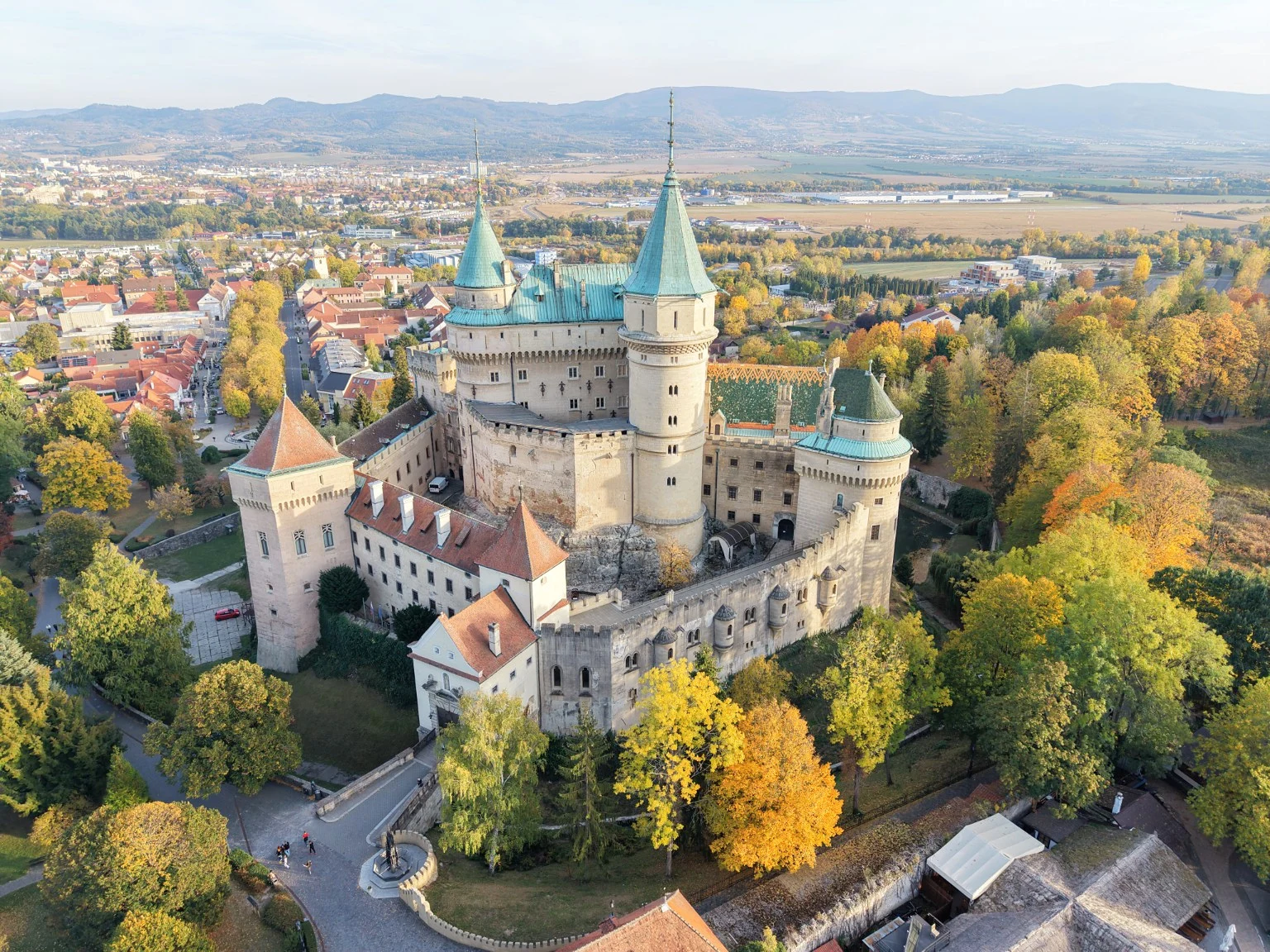 Bojnice Castle in autumn, photographed from a drone